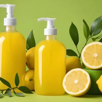 A Bottle Of Yellow Liquid With A Pump Dispenser Surrounded By Fresh Lemons And Twigs On A Bright Green Background 3 D8c5