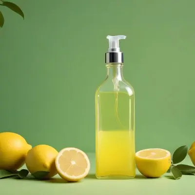 A Bottle Of Yellow Liquid With A Pump Dispenser Surrounded By Fresh Lemons And Twigs On A Bright Green Background 35