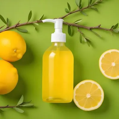 A Bottle Of Yellow Liquid With A Pump Dispenser Surrounded By Fresh Lemons And Twigs On A Bright Green Background 41 C586