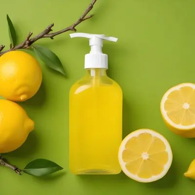 A Bottle Of Yellow Liquid With A Pump Dispenser Surrounded By Fresh Lemons And Twigs On A Bright Green Background 8 261b