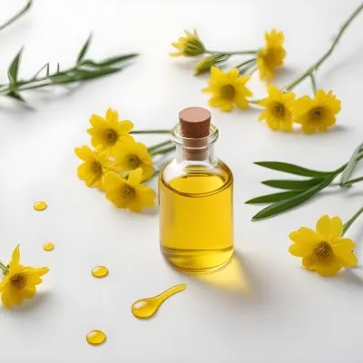 A Bottle Of Yellow Oil With A Dropper Next To Some Yellow Flowers On A White Surface 16 252d