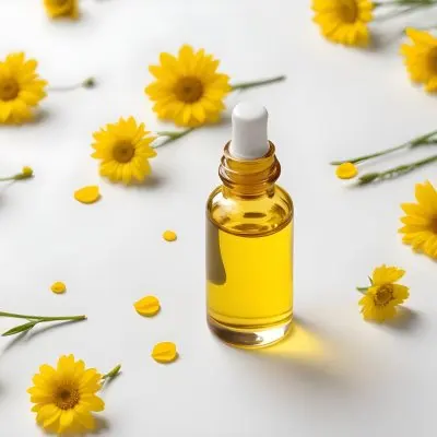 A Bottle Of Yellow Oil With A Dropper Next To Some Yellow Flowers On A White Surface 9 B5f3