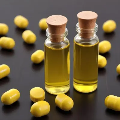 A Bottle Of Yellow Oil With A Wooden Cap And Some Capsules On A White Background 3 5de0