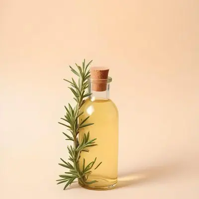 A Bottle With A Cork Containing Yellow Liquid And A Rosemary Branch On A Beige Background 10 738b