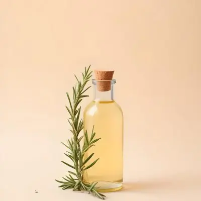A Bottle With A Cork Containing Yellow Liquid And A Rosemary Branch On A Beige Background 11 Bad2