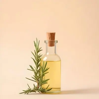 A Bottle With A Cork Containing Yellow Liquid And A Rosemary Branch On A Beige Background 14 8ff8