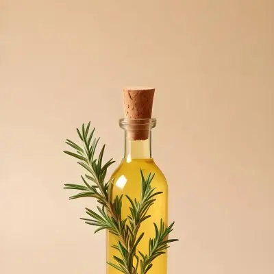 A Bottle With A Cork Containing Yellow Liquid And A Rosemary Branch On A Beige Background 15 7f24