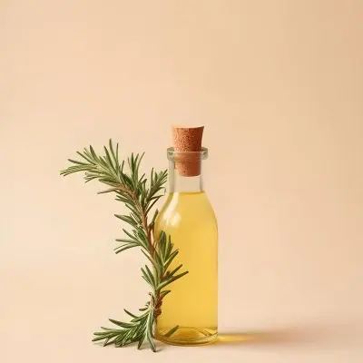 A Bottle With A Cork Containing Yellow Liquid And A Rosemary Branch On A Beige Background 16 Aaec