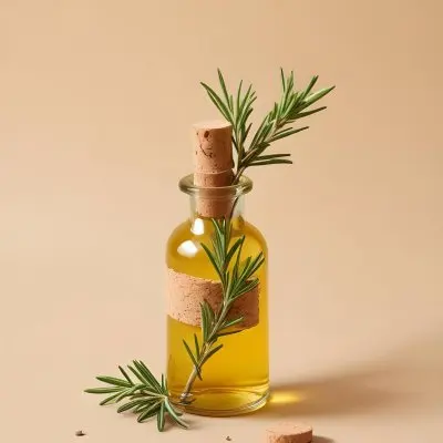 A Bottle With A Cork Containing Yellow Liquid And A Rosemary Branch On A Beige Background 18 00c9