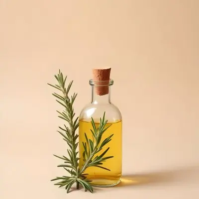 A Bottle With A Cork Containing Yellow Liquid And A Rosemary Branch On A Beige Background 19 Ecce