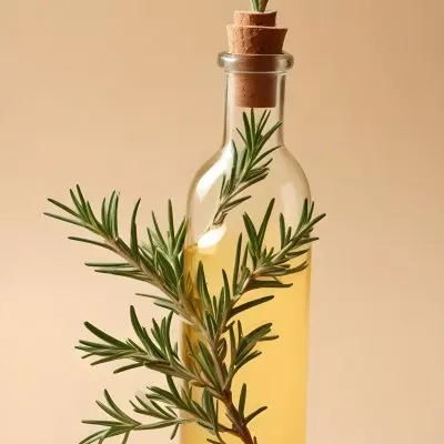 A Bottle With A Cork Containing Yellow Liquid And A Rosemary Branch On A Beige Background 20 4c92
