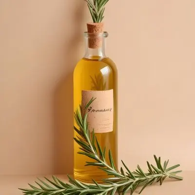 A Bottle With A Cork Containing Yellow Liquid And A Rosemary Branch On A Beige Background 22 Afb2