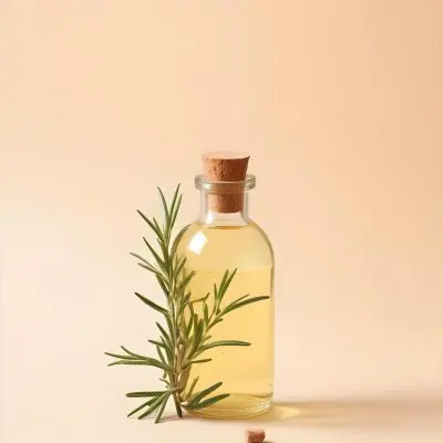A Bottle With A Cork Containing Yellow Liquid And A Rosemary Branch On A Beige Background 23 1b19