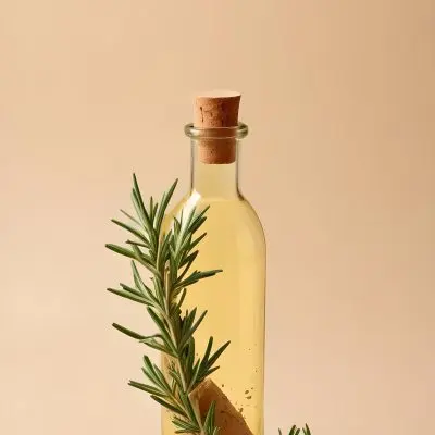 A Bottle With A Cork Containing Yellow Liquid And A Rosemary Branch On A Beige Background 24 2a70
