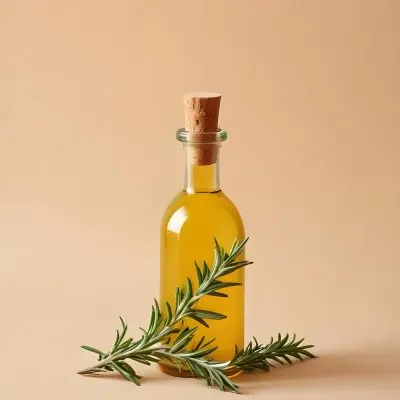 A Bottle With A Cork Containing Yellow Liquid And A Rosemary Branch On A Beige Background 26 2c20