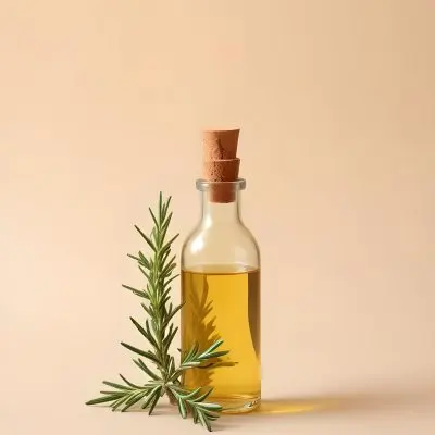 A Bottle With A Cork Containing Yellow Liquid And A Rosemary Branch On A Beige Background 27 396e