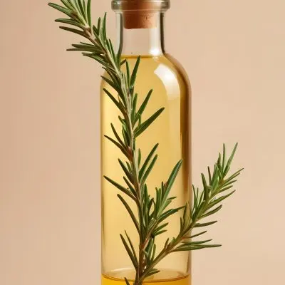 A Bottle With A Cork Containing Yellow Liquid And A Rosemary Branch On A Beige Background 28 Af6b