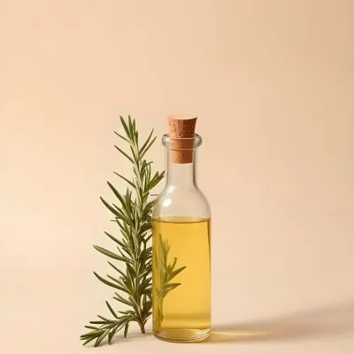A Bottle With A Cork Containing Yellow Liquid And A Rosemary Branch On A Beige Background 29 B117