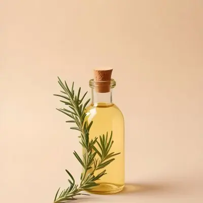 A Bottle With A Cork Containing Yellow Liquid And A Rosemary Branch On A Beige Background 4 5482