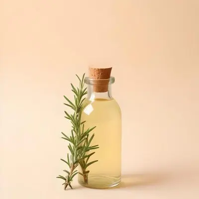 A Bottle With A Cork Containing Yellow Liquid And A Rosemary Branch On A Beige Background 8 4e22