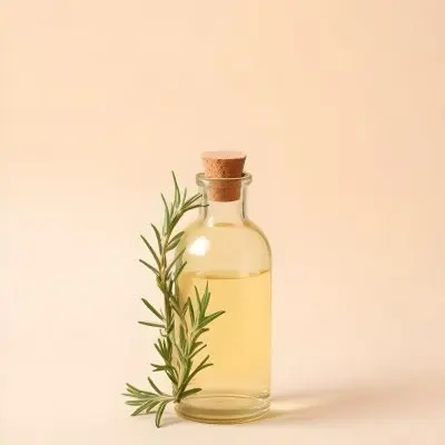 A Bottle With A Cork Containing Yellow Liquid And A Rosemary Branch On A Beige Background 9 8bba