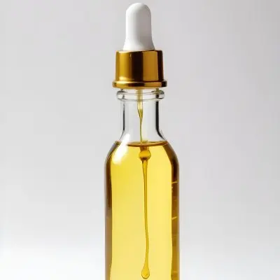 A Bottle With Yellow Oil And A Golden Dropper With A White Cap On A White Background 3 61e9