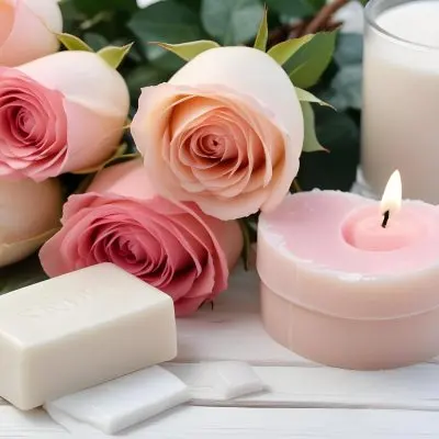 A Bouquet Of Pink And White Roses With Two Bars Of Soap And A Candle On A White Wooden Table 19 7506