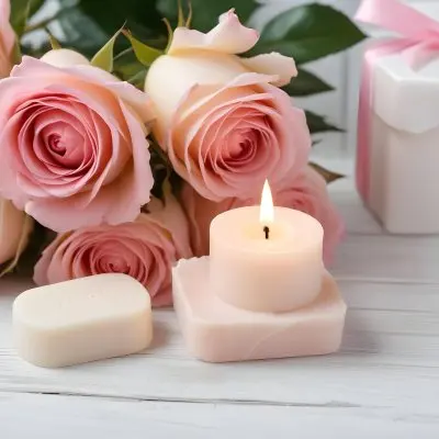 A Bouquet Of Pink And White Roses With Two Bars Of Soap And A Candle On A White Wooden Table 27 0587