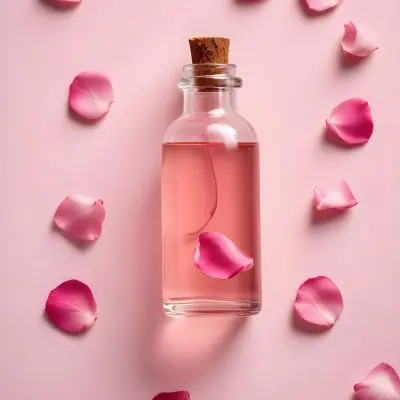 A Brown Glass Bottle Of Facial Serum Or Oil Surrounded By Pink Rose Petals On A Pink Background 5 29ca