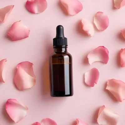 A Brown Glass Bottle Of Facial Serum Or Oil Surrounded By Pink Rose Petals On A Pink Background 6