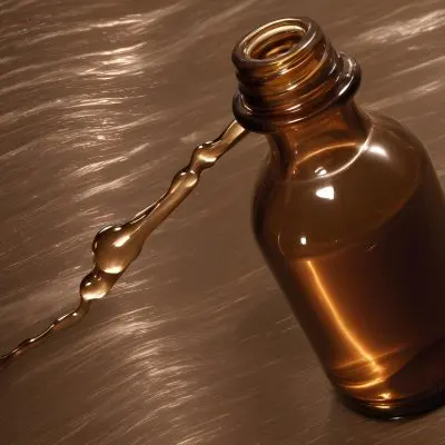 A Brown Glass Bottle With A Dropper On A Background Of Brown Hair The Hair Is Wavy And Shiny The Bottle Is In The Upper Right Corner 10 B154