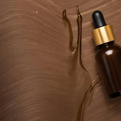 A Brown Glass Bottle With A Dropper On A Background Of Brown Hair The Hair Is Wavy And Shiny The Bottle Is In The Upper Right Corner 15 B9cd