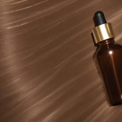 A Brown Glass Bottle With A Dropper On A Background Of Brown Hair The Hair Is Wavy And Shiny The Bottle Is In The Upper Right Corner 18 0fd7