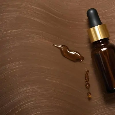 A Brown Glass Bottle With A Dropper On A Background Of Brown Hair The Hair Is Wavy And Shiny The Bottle Is In The Upper Right Corner 22 282a