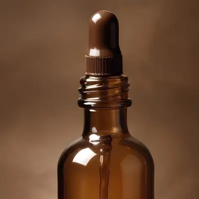 A Brown Glass Bottle With A Dropper On A Background Of Brown Hair The Hair Is Wavy And Shiny The Bottle Is In The Upper Right Corner 3 Be3e