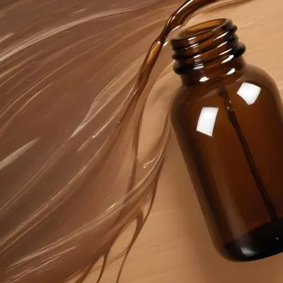 A Brown Glass Bottle With A Dropper On A Background Of Brown Hair The Hair Is Wavy And Shiny The Bottle Is In The Upper Right Corner 5 8db8