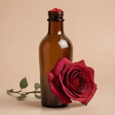 A Brown Glass Bottle With A Red Rose Next To It In A Studio With A Cream Background 1 D283