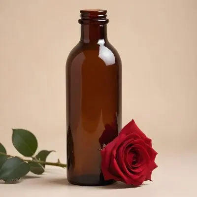 A Brown Glass Bottle With A Red Rose Next To It In A Studio With A Cream Background 22 D9e2