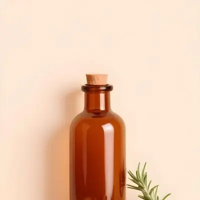 A Brown Glass Bottle With A Sprig Of Rosemary Next To It On A Plain Light Orange Background 23 E9dc