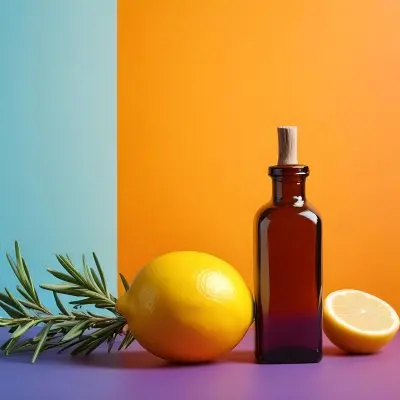 A Brown Glass Dropper Bottle Positioned On A Colorful Background With A Gradient Of Orange And Blue Next To The Bottle There Is A Whole Lemon And A Halved Lemon Along With A Sprig Of Rosemary The Scene Is Bright An 13 4f4a