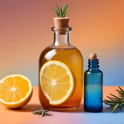 A Brown Glass Dropper Bottle Positioned On A Colorful Background With A Gradient Of Orange And Blue Next To The Bottle There Is A Whole Lemon And A Halved Lemon Along With A Sprig Of Rosemary The Scene Is Bright An 16 01b8