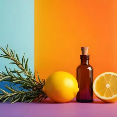 A Brown Glass Dropper Bottle Positioned On A Colorful Background With A Gradient Of Orange And Blue Next To The Bottle There Is A Whole Lemon And A Halved Lemon Along With A Sprig Of Rosemary The Scene Is Bright An 25 781a