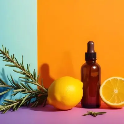 A Brown Glass Dropper Bottle Positioned On A Colorful Background With A Gradient Of Orange And Blue Next To The Bottle There Is A Whole Lemon And A Halved Lemon Along With A Sprig Of Rosemary The Scene Is Bright An 26 08dc