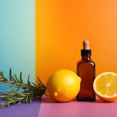 A Brown Glass Dropper Bottle Positioned On A Colorful Background With A Gradient Of Orange And Blue Next To The Bottle There Is A Whole Lemon And A Halved Lemon Along With A Sprig Of Rosemary The Scene Is Bright An 27 A255