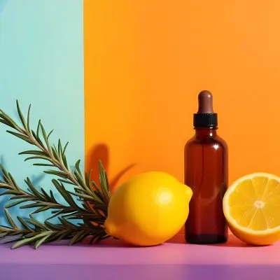 A Brown Glass Dropper Bottle Positioned On A Colorful Background With A Gradient Of Orange And Blue Next To The Bottle There Is A Whole Lemon And A Halved Lemon Along With A Sprig Of Rosemary The Scene Is Bright An 30 04da