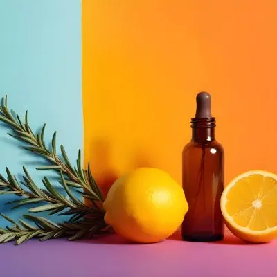 A Brown Glass Dropper Bottle Positioned On A Colorful Background With A Gradient Of Orange And Blue Next To The Bottle There Is A Whole Lemon And A Halved Lemon Along With A Sprig Of Rosemary The Scene Is Bright An 33 9e7e