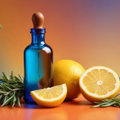A Brown Glass Dropper Bottle Positioned On A Colorful Background With A Gradient Of Orange And Blue Next To The Bottle There Is A Whole Lemon And A Halved Lemon Along With A Sprig Of Rosemary The Scene Is Bright An 35 C50a