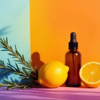 A Brown Glass Dropper Bottle Positioned On A Colorful Background With A Gradient Of Orange And Blue Next To The Bottle There Is A Whole Lemon And A Halved Lemon Along With A Sprig Of Rosemary The Scene Is Bright An 36 56f7