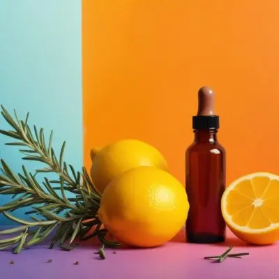A Brown Glass Dropper Bottle Positioned On A Colorful Background With A Gradient Of Orange And Blue Next To The Bottle There Is A Whole Lemon And A Halved Lemon Along With A Sprig Of Rosemary The Scene Is Bright An 37 C9f9
