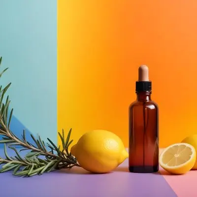 A Brown Glass Dropper Bottle Positioned On A Colorful Background With A Gradient Of Orange And Blue Next To The Bottle There Is A Whole Lemon And A Halved Lemon Along With A Sprig Of Rosemary The Scene Is Bright An 40 2a37